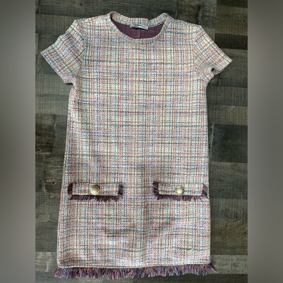 Zara Trafaluc Sonia Pink and Purple Tweed Mini Dress w/ Fringe - Picture 2 of 4